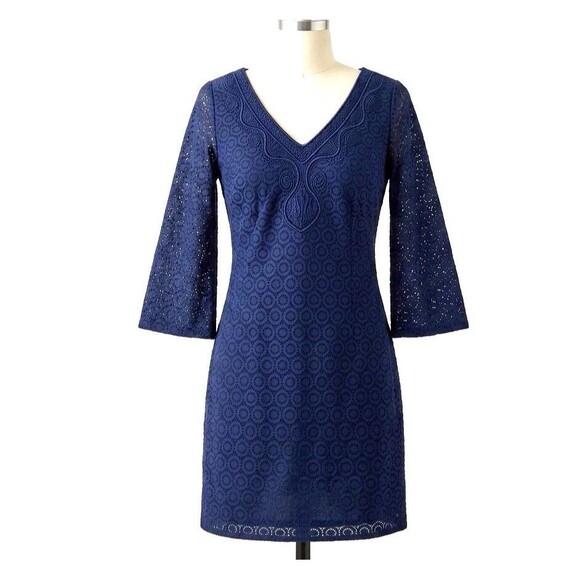 Lilly Pulitzer Dresses & Skirts - Lilly Pulitzer Alden Navy Eyelet Lace Shift Dress Sm Bell Sleeve Resort Preppy